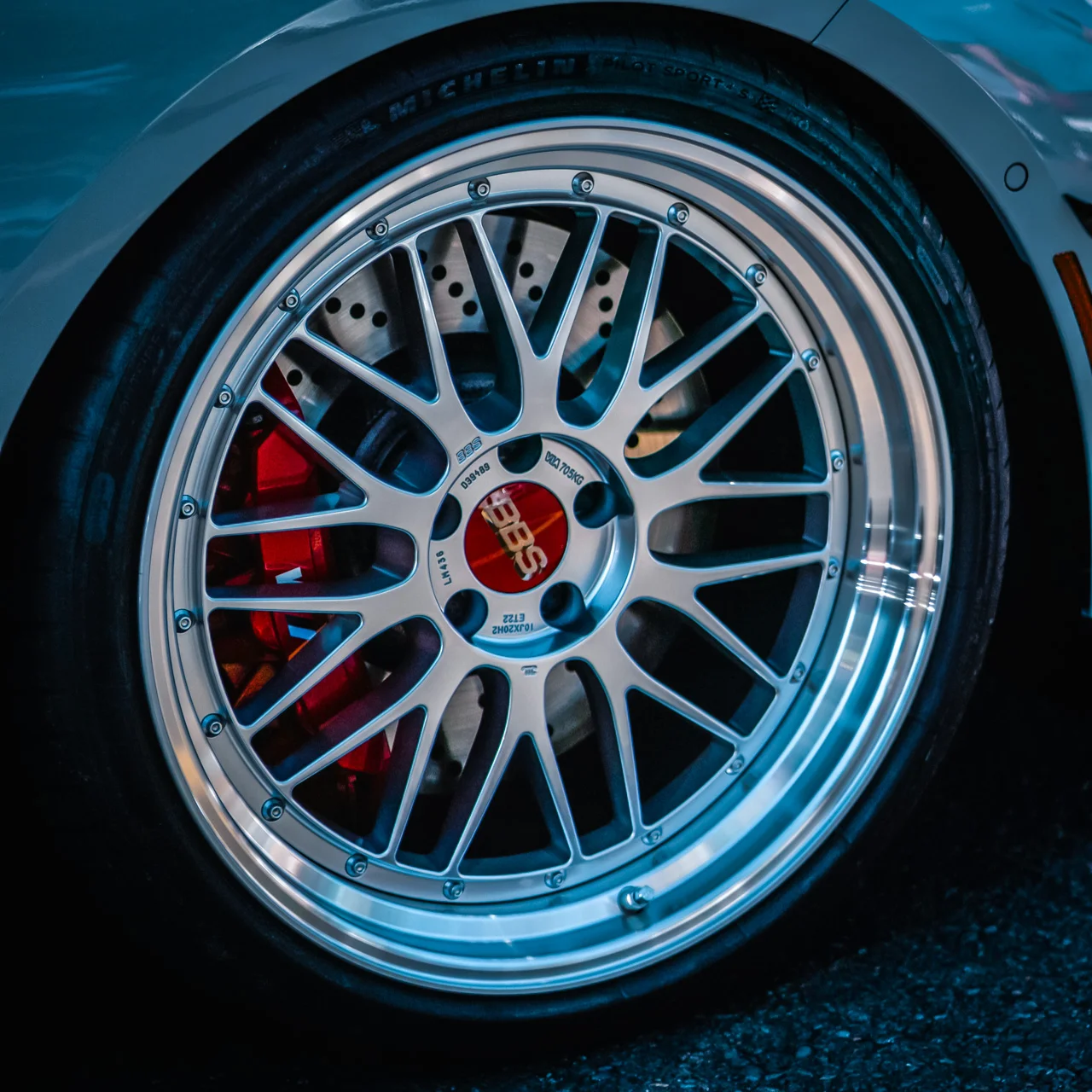 Close-up of a BBS LM wheel showing the forged center and barrel joint