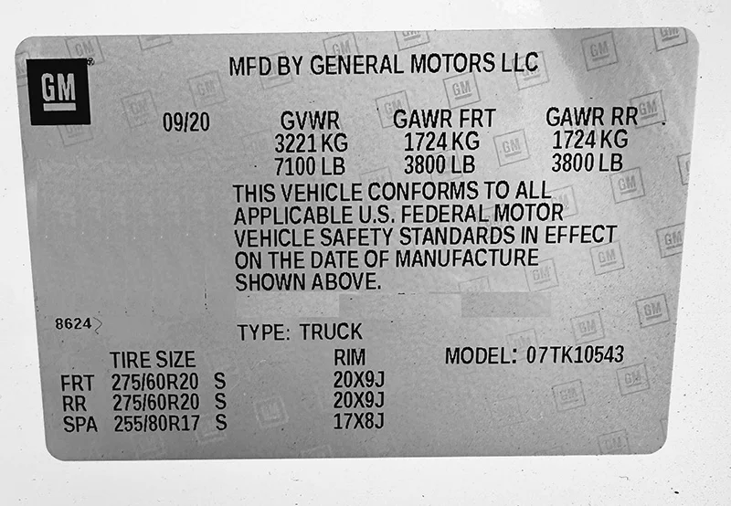 Certification Label on 2020 GMC Sierra