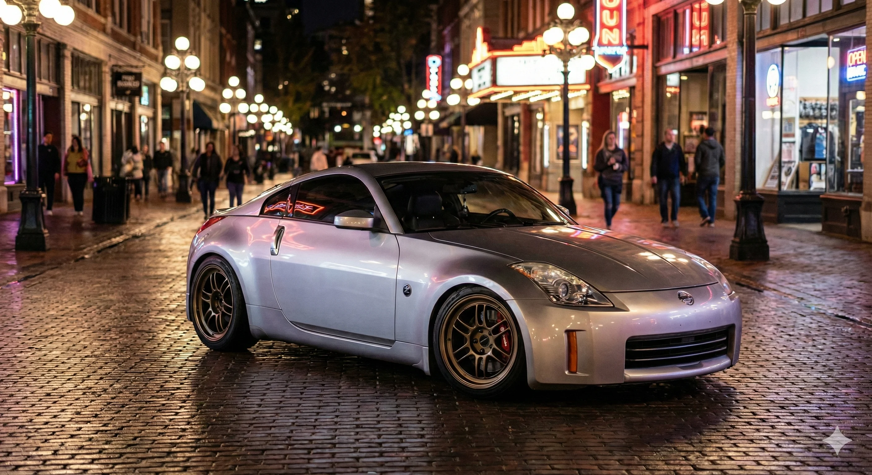 Nissan 350Z (Z33) with aftermarket wheel fitment demonstrating the platform's track-capable stance and aggressive offset compatibility